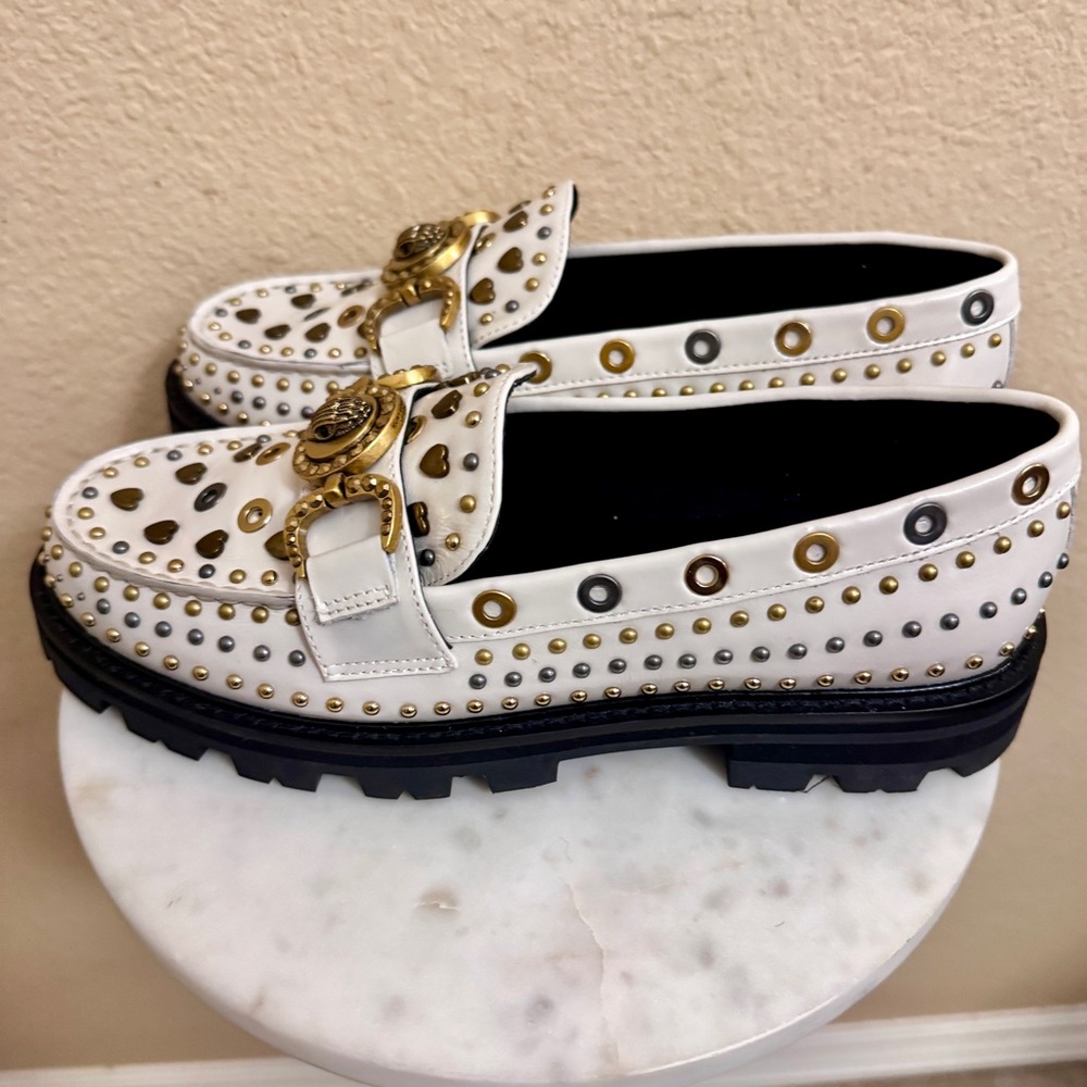 NEW Women KURT GEIGER Mansion Cream Gold Studs eagle leather Loafer EU40/US9 - Picture 5 of 10